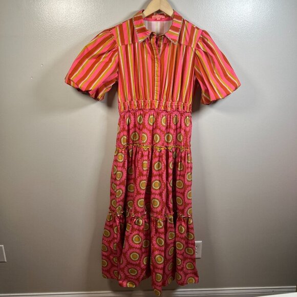 Brooks Ave Banyan Puff Sleeve Maxi Dress Size Large Pink Red Maximalist Bright - Picture 2 of 11